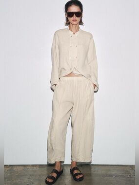 ZARA 100% LINEN Shirt JACKET Round Collar Long Sleeves LIGHT BEIGE Size Medium